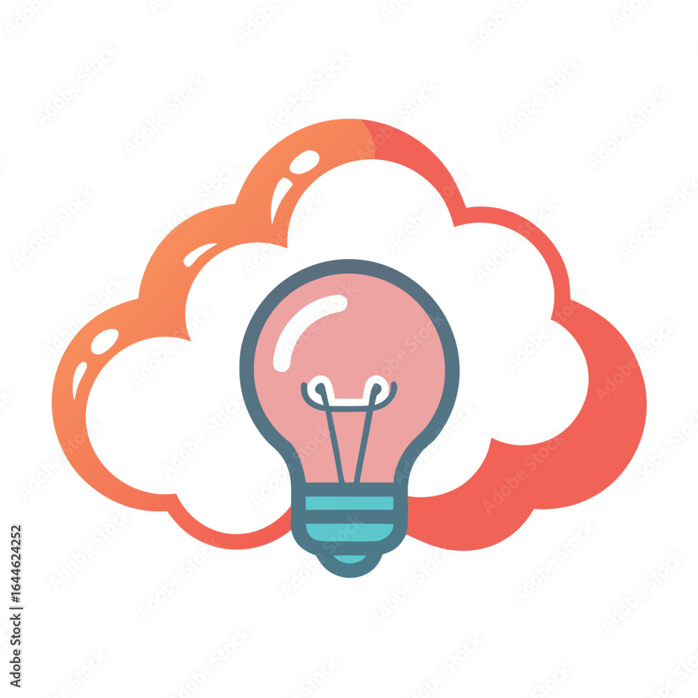 Poster conceptual outline of a light bulb emerging from a stylized cloud representing innovation and bright
