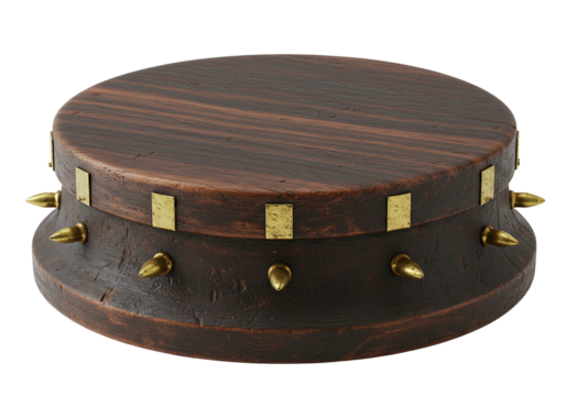 Vintage round hat box with gold buckles and leather strap detail isolated on white transparent background