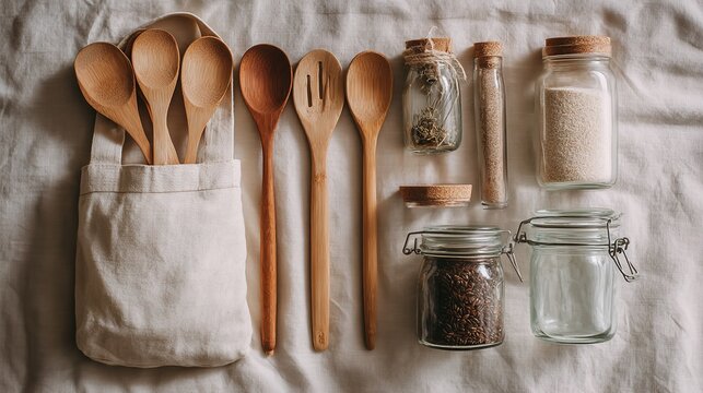 Zero waste lifestyle flat lay shot of sustainable bamboo cutlery, reusable glass jars and organic cotton tote bags on wooden table. Eco-friendly living concept