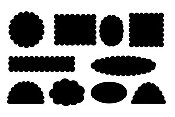 Set of black silhouette scallop edge shapes. Vector collection of decorative frames, labels, and tags with wavy borders. Circle, oval, and rectangle banner elements.