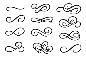 Vector set of elegant calligraphic flourishes. Vintage decorative ornaments, swirls, and swooshes for design. Hand-drawn scroll dividers for lettering, borders, and invitations.