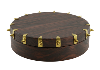 Vintage round hat box with gold buckles and leather strap detail isolated on white transparent background