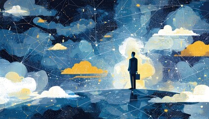 A businessman stands on a hilltop, gazing at a complex network of clouds, stars, and lines, symbolizing connection and opportunity in a vast, nocturnal landscape