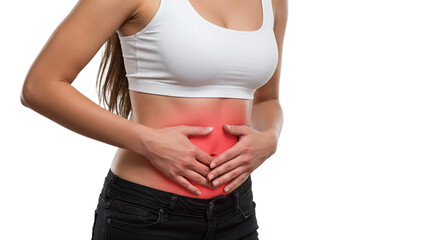 Woman experiencing abdominal pain stomach ache menstrual cramps digestive issues discomfort health problem concept -