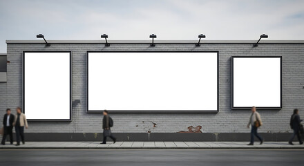 blank billboard on the wall,empty signboard,white empty banner,concept of advertisement and marketing,three blank advertising panels