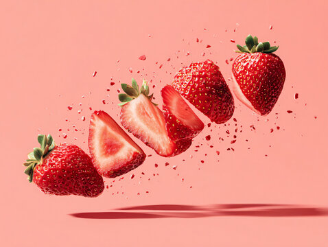 Strawberry Slices Flying Colorful Pink Background Healthy Snack Juicy Organic Berries Dessert Edible Vegetarian Vibrant Summertime Detail Gourmet Food Decoration Bright Sweet Ripe Studio Splash Artful - Powered by Adobe