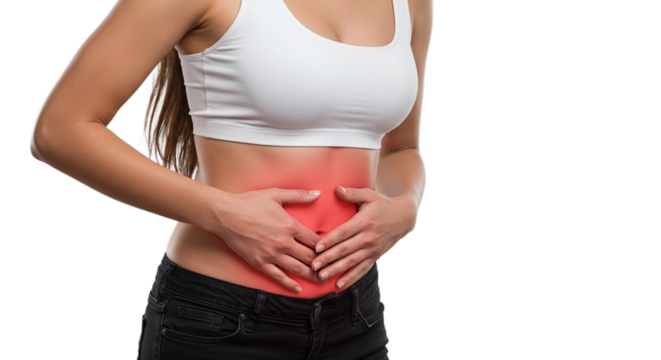 Woman experiencing abdominal pain stomach ache menstrual cramps digestive issues discomfort health problem concept -