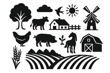 Farm animals and agriculture icons set. Black silhouette collection for rural themes. Vector elements of cow, pig, horse, chicken, barn, windmill, and farmhouse design.