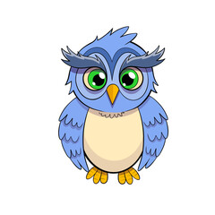 Cute blue owl with big eyes and blue feathers clip art hand drawn