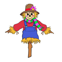 Hand drawn scarecrow clip art featuring a friendly straw figure with a hat, old clothes and outstretched arms  on a pole 