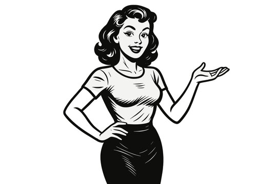 Vintage 1950s style woman presenting. Retro comic book pop art character. Beautiful smiling housewife showing or advertising a product. Black and white vector drawing.