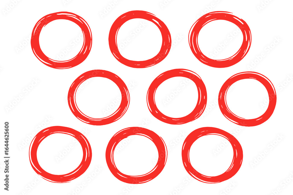 Poster set of red doodle grunge circles. hand-drawn round frames. scribble marker pen texture. vector illus