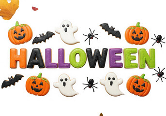 3d illustration of halloween word and cookies with pumpkins, ghosts, bats and spiders isolated on transparent background