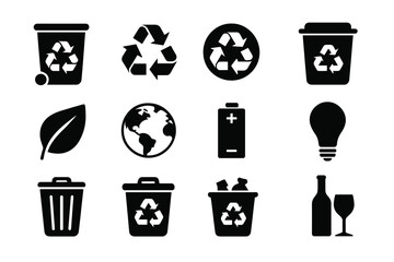 Recycling vector icons set for waste sorting. Eco-friendly sustainability concept. Trash bin, battery, glass, lightbulb, earth planet. Ecology & environment glyph symbols.