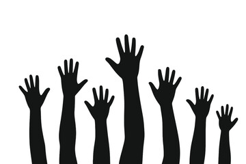 Obraz premium Row of Hands Reaching Up Silhouettes, Vector Illustration of Raising Arms, Diverse Gesture, Unity and Support Concept, Black Hands on Transparent Background