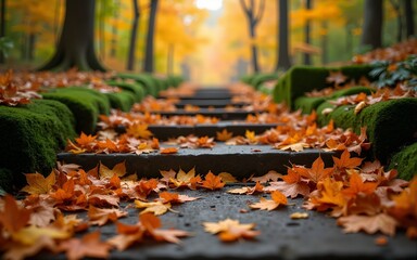 fallen autumn leaves on steps in the forest. High quality