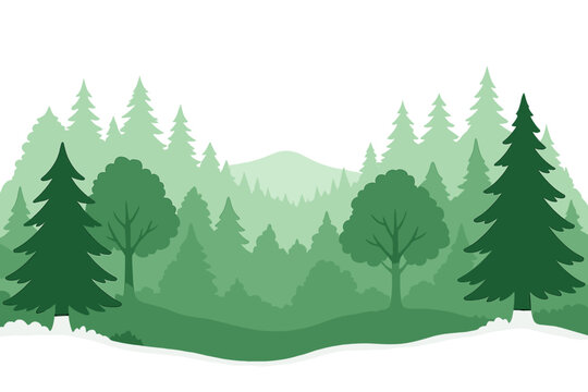Forest landscape background with green tree silhouettes. Panoramic vector illustration of woods, pines, and hills. Natural scenery for ecology and environment concepts.