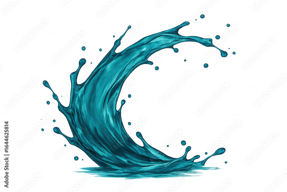 Poster translucent water wave cresting, arching dynamically with transparent backdrop, creating fluid visua