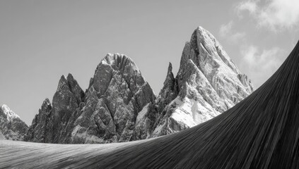 Monochrome landscape showcasing a sweeping snowfield curving towards jagged, snow-capped mountain peaks under a bright sky