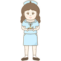 A cartoon illustration of  nurse holding tray with medicine for labor day.