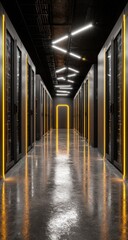 A long, dark corridor with sleek, dark gray server racks lined on either side, illuminated by bright yellow LED strips and ceiling lights, reflecting on a polished floor. 