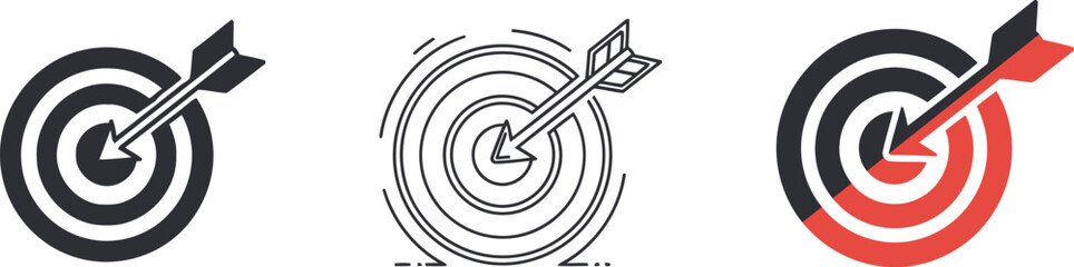 Three distinct graphic representations of a target with an arrow hitting the bullseye, symbolizing success, accuracy, and achieving objectives.