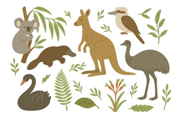 Australian animals vector illustration set. Cute cartoon wildlife collection from Australia. Kangaroo, koala, emu, platypus, swan, kookaburra. Nature design elements.