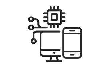 Technology line icon vector with computer, smartphone, and microchip design, perfect for web design, app development, electronics, and digital technology concepts, vector illustration