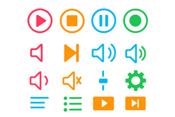 Vibrant Media Control Icon Set for Audio and Video Interfaces, Colorful Playback, Volume, Pause, Stop, Record, Settings, and Playlist Vector Illustrations on Transparent Background