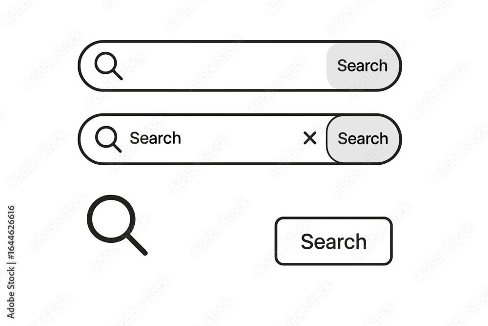 Poster Search bar vector UI element set. Modern user interface design for website and mobile app. Search box, button and magnifying glass icon. Web form on transparent background.