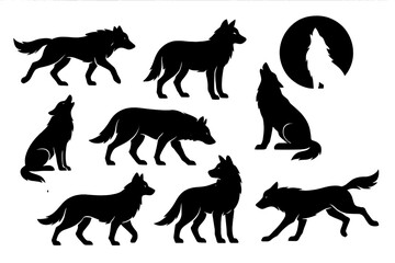 Wolf silhouettes in various poses including running, standing, howling; wildlife and nature vector illustration of wild canine predator pack under moonlight in forest