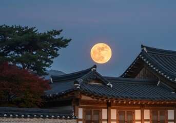 Autumn sky and red full moon
