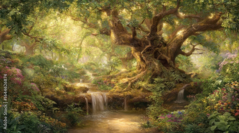Poster lush forest with a cascading waterfall.