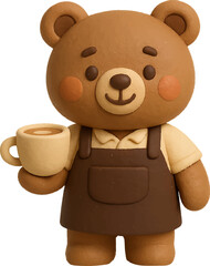Cute Cartoon Barista Bear Holding Coffee Cup