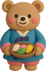 Cute Cartoon Bear in Hanbok Holding Traditional Korean Rice Cakes