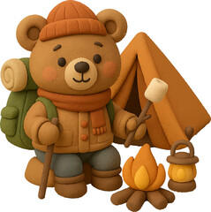 Cute Bear Camping with Tent and Campfire