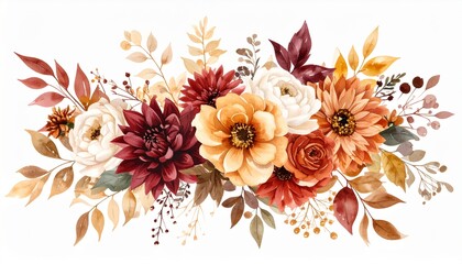 Trendy watercolor autumn flowers wedding bouquet. Beautiful fall floral background. Warm beige, orange, red, burgundy, gold, brown, rust. AI illustration.