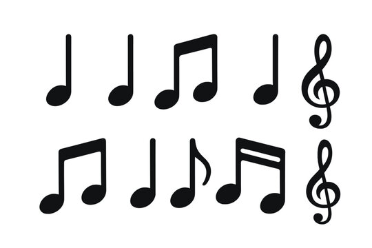 Vector of musical notes and treble clefs, black icons isolated on white background, ideal for music sheets, compositions, symphony, melody representation, vector illustration, transparent background