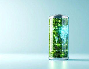 Green battery with world map, glowing solar panels