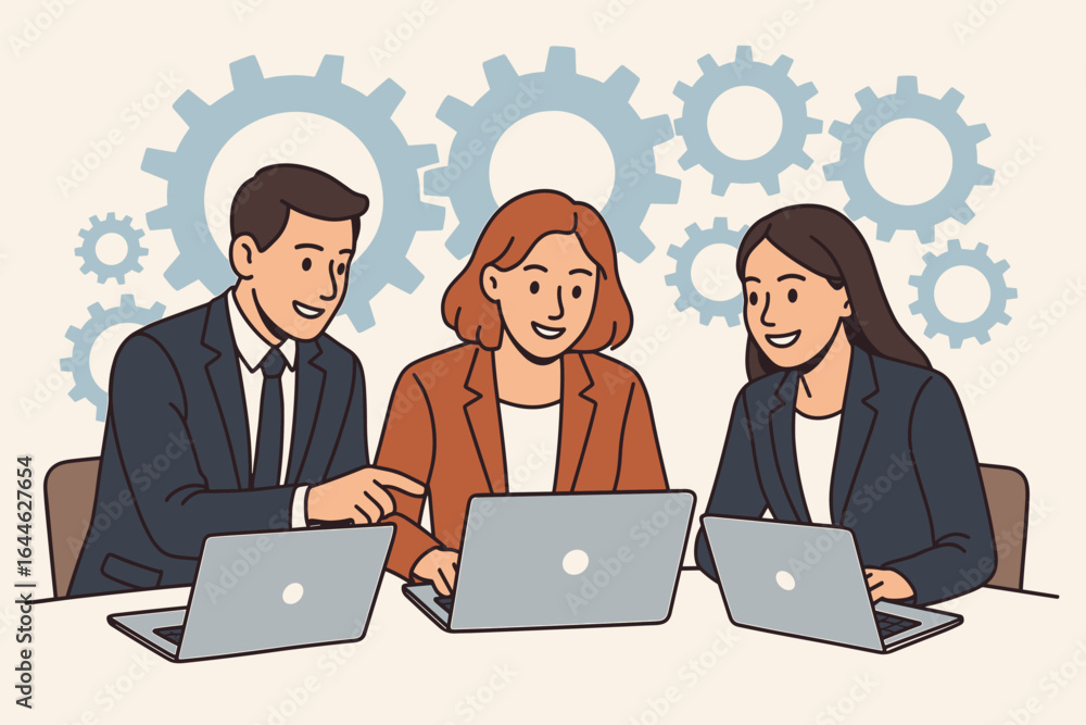 Aufkleber businesspeople teamwork and collaboration concept. a group of colleagues with laptops working on a p