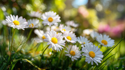 Fototapeta premium A group of daisies in full bloom, their petals are white with yellow centers, in the green grass field. Close-up view. The background features a blurred garden setting