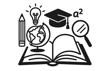 Education and knowledge concept icons. Learning, school, research, academic theme. Graduation cap, book, globe, lightbulb, formula, magnifying glass vector illustration.
