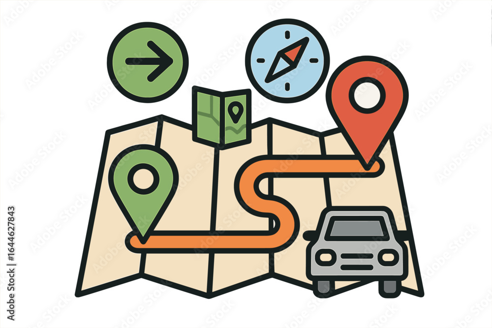 Poster car driving on a map route with destination pin. gps navigation for travel and road trip. vector ill