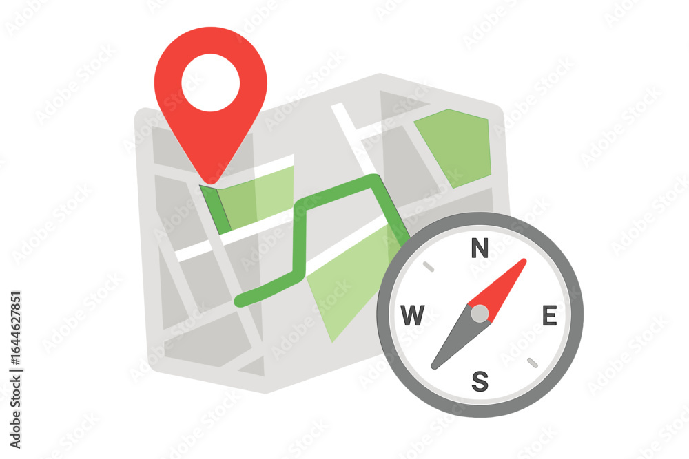 Poster gps navigation concept with map, location pin, and compass. vector icon for travel, direction, and r