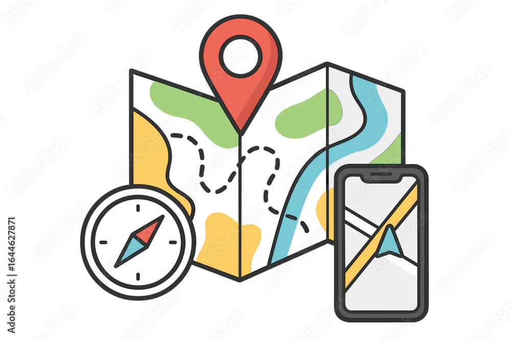 Poster travel and navigation concept with gps pin on a map, compass, and smartphone app. vector for wayfind