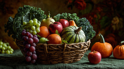 Freshly harvested fruits and vegetables in a woven basket display