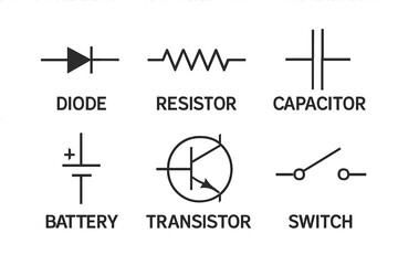 Electronic circuit symbols set for technical designs. Vector icons of diode, resistor, capacitor, battery, transistor, and switch for electrical diagrams and engineering schematics.