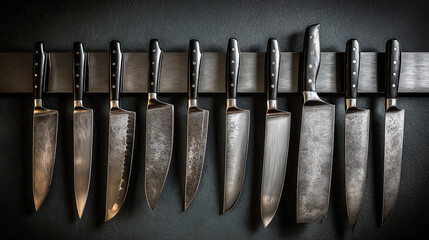 Display of assorted kitchen knives against a dark background