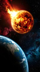 Obraz premium Fiery celestial body impacting Earth, causing fiery destruction and cosmic chaos