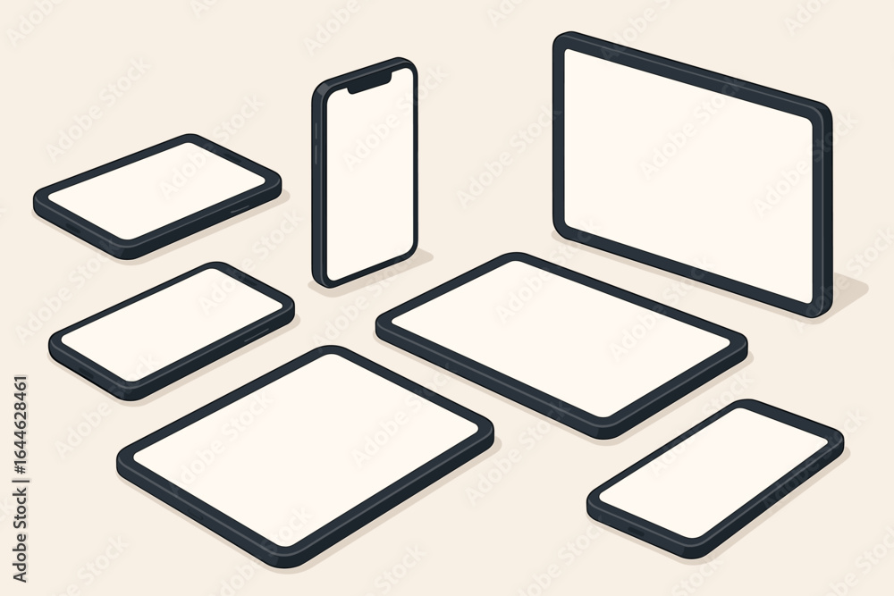 Poster isometric devices mockup collection. mobile phones and tablets template with various blank screen si